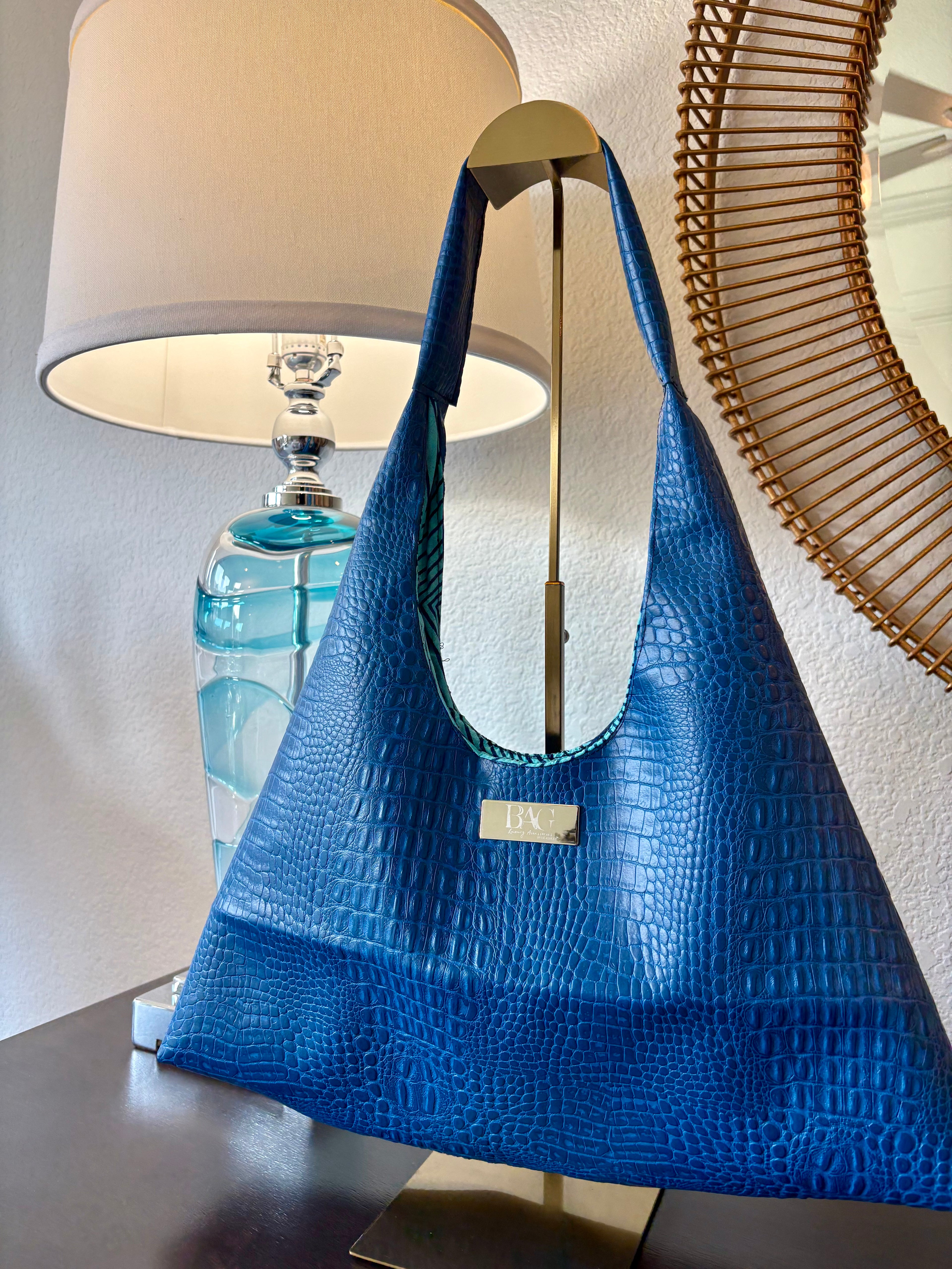 Mia Hobo Bag in Blue Embossed Croc