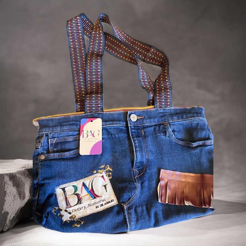 Fringe Accent Denim Tote Bag