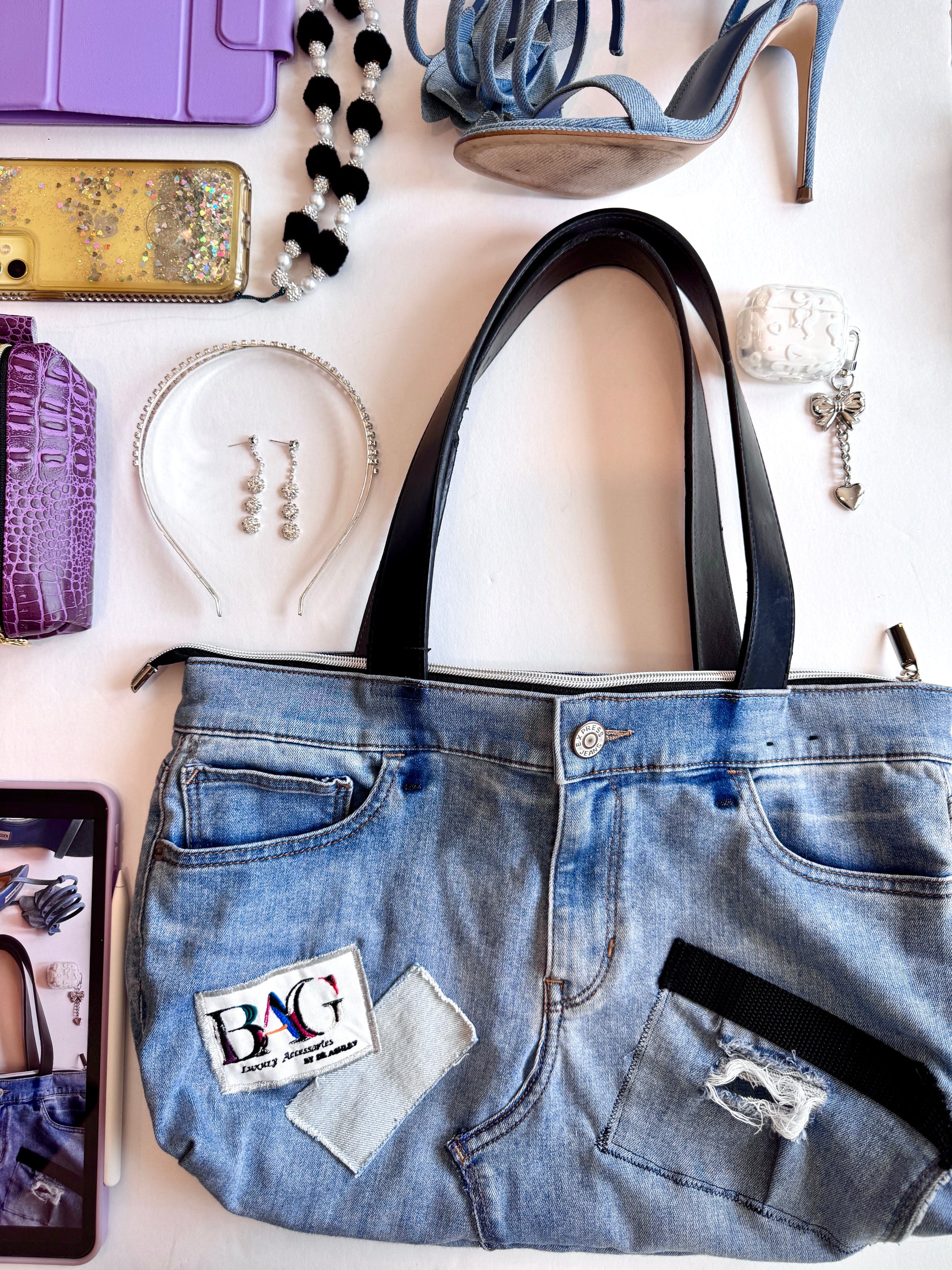 Leather Handle Denim Patchwork Tote Bag