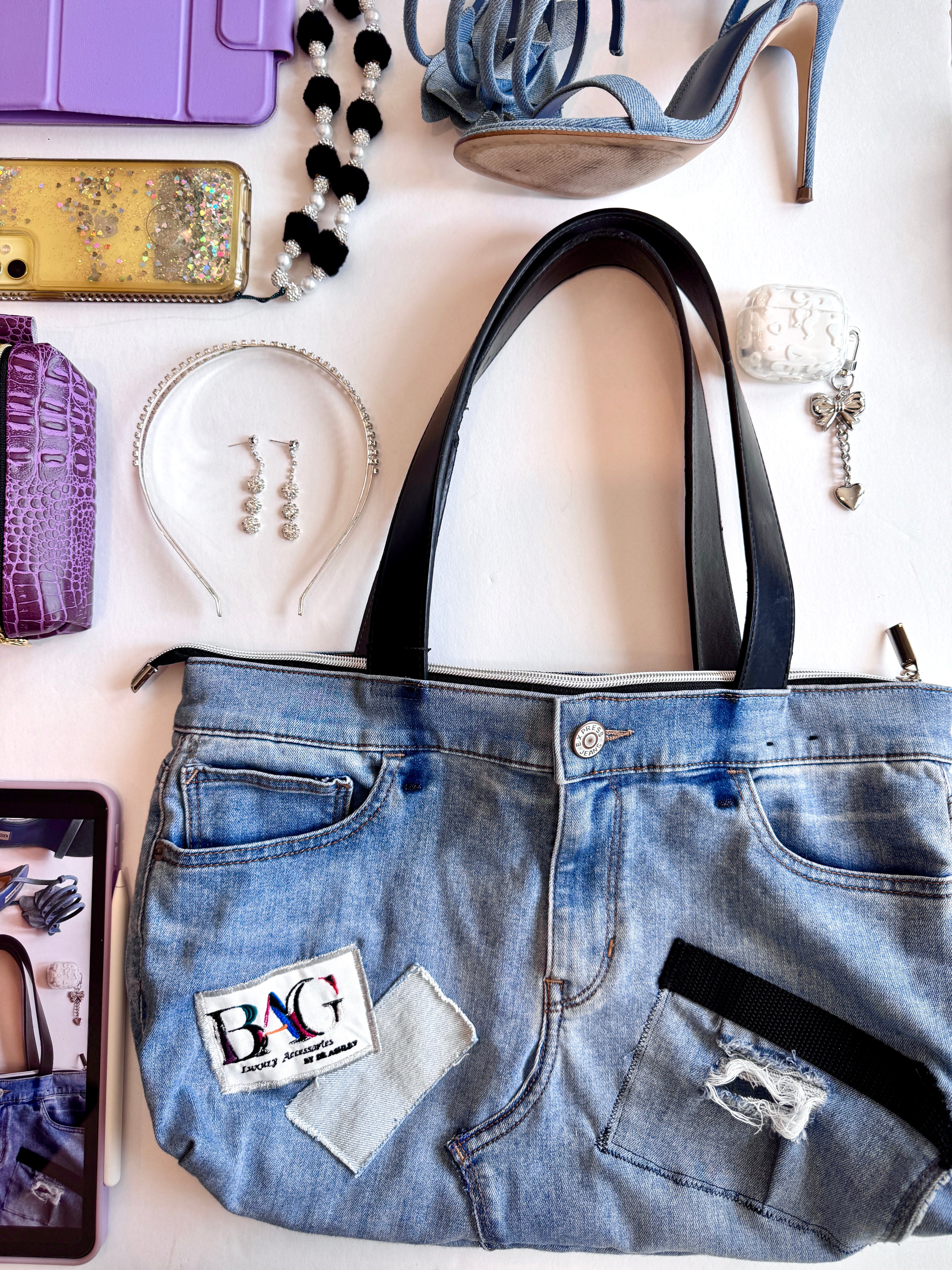 Leather Handle Denim Patchwork Tote Bag