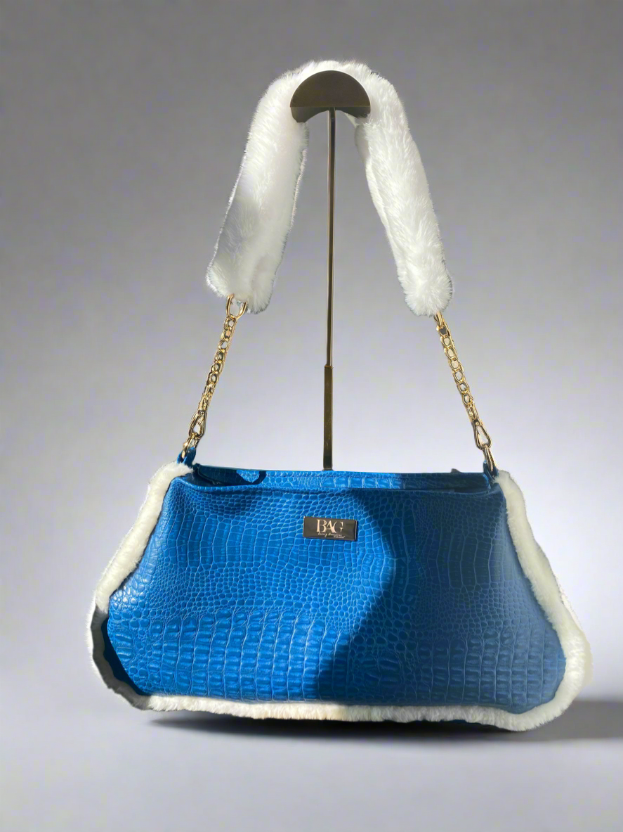 Blue Faux Croc & Faux Fur Trimmed Shoulder Purse