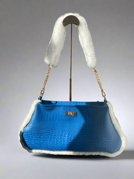 Blue Faux Croc & Faux Fur Trimmed Shoulder Purse
