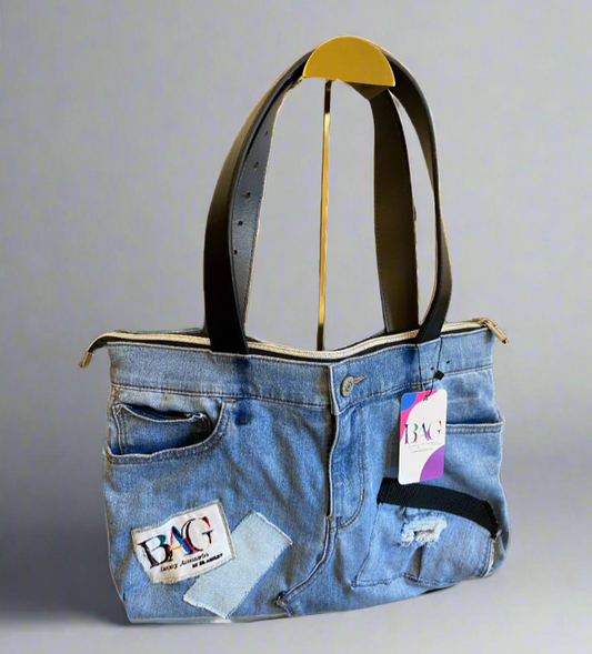 Leather Handle Denim Patchwork Tote Bag
