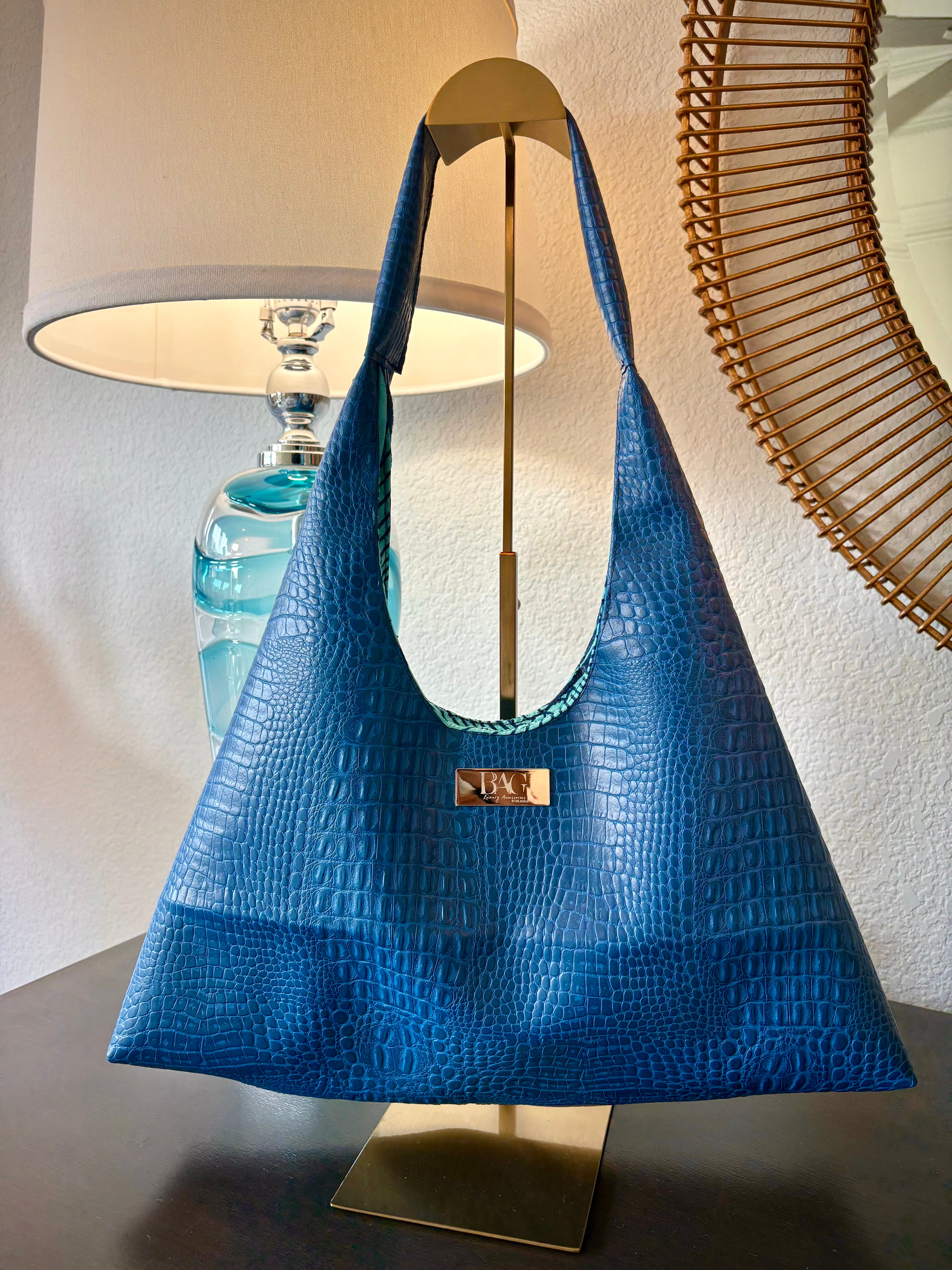 Mia Hobo Bag in Blue Embossed Croc