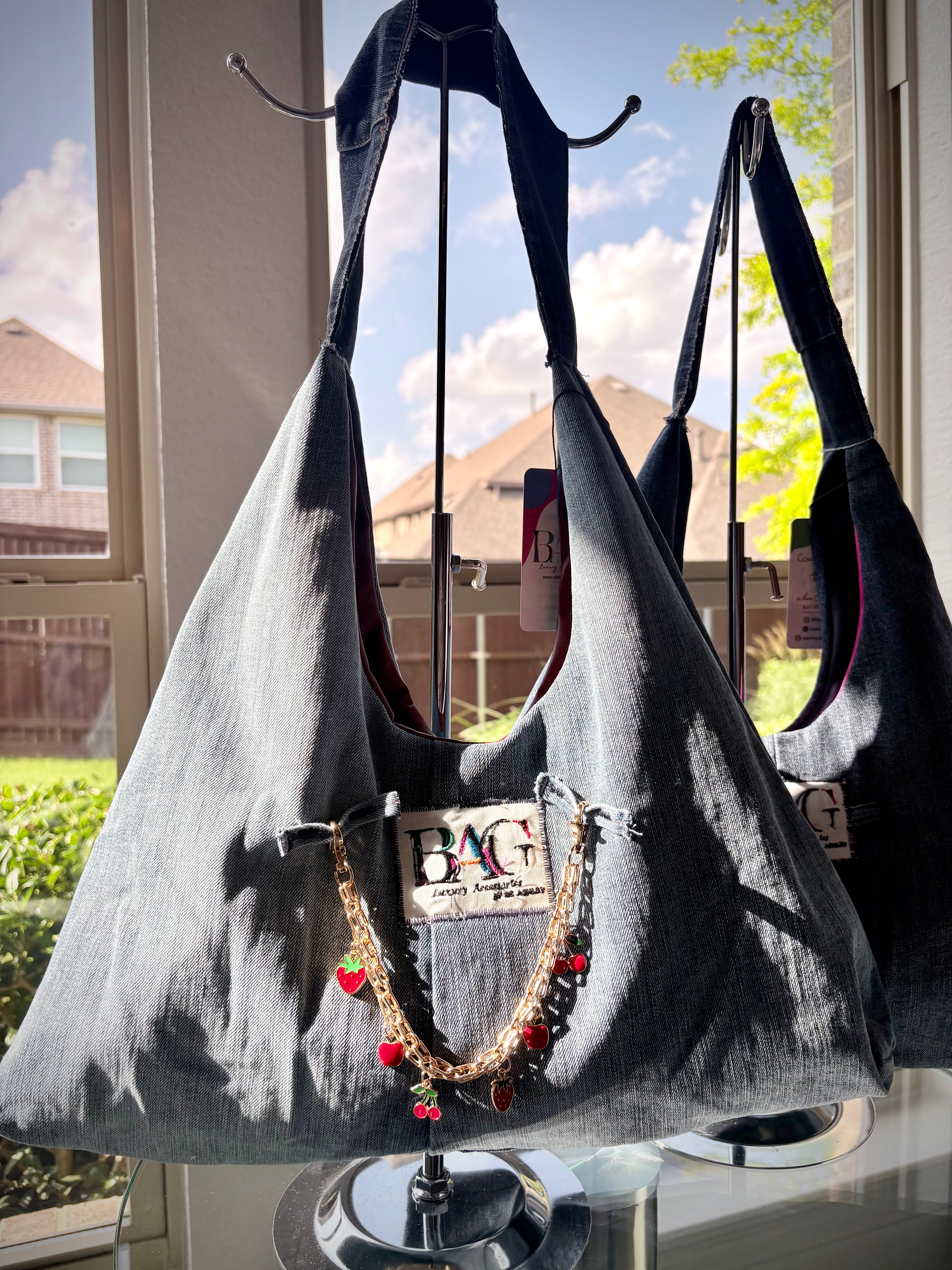 Mia Hobo Bag in Denim w/ Cherry Chain