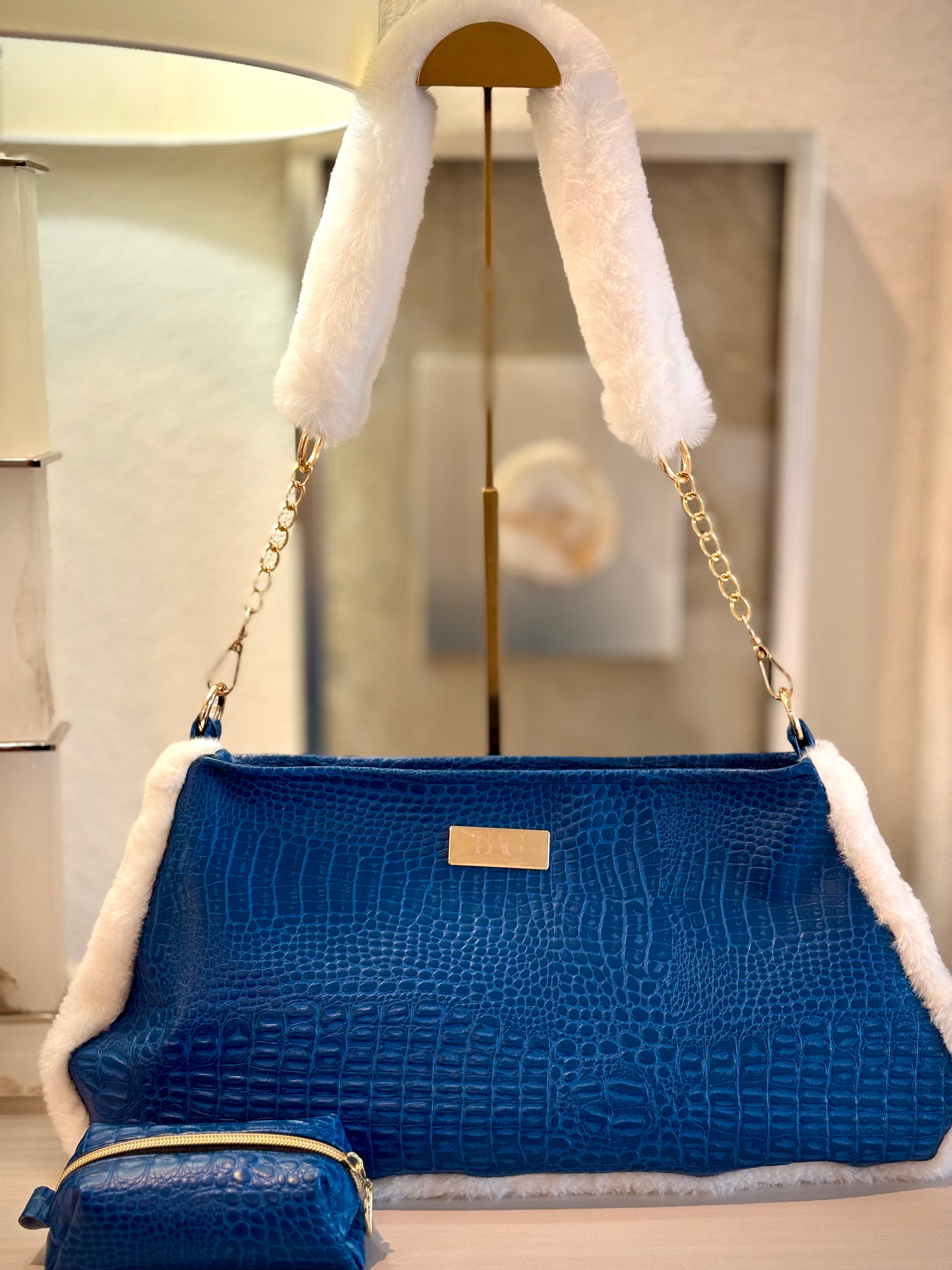Blue Faux Croc & Faux Fur Trimmed Shoulder Purse