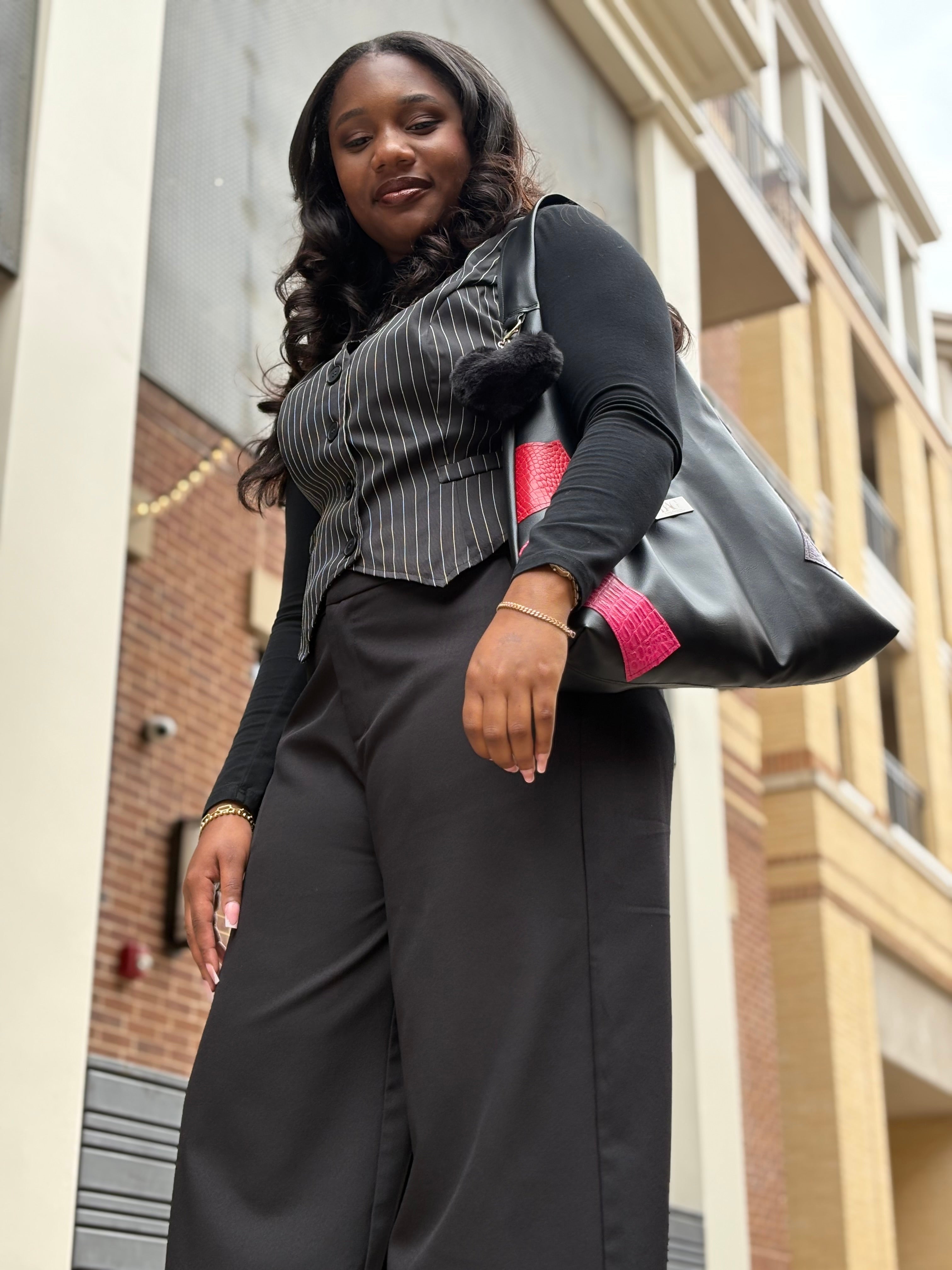 Mia Hobo Bag in Black with Patchwork Design