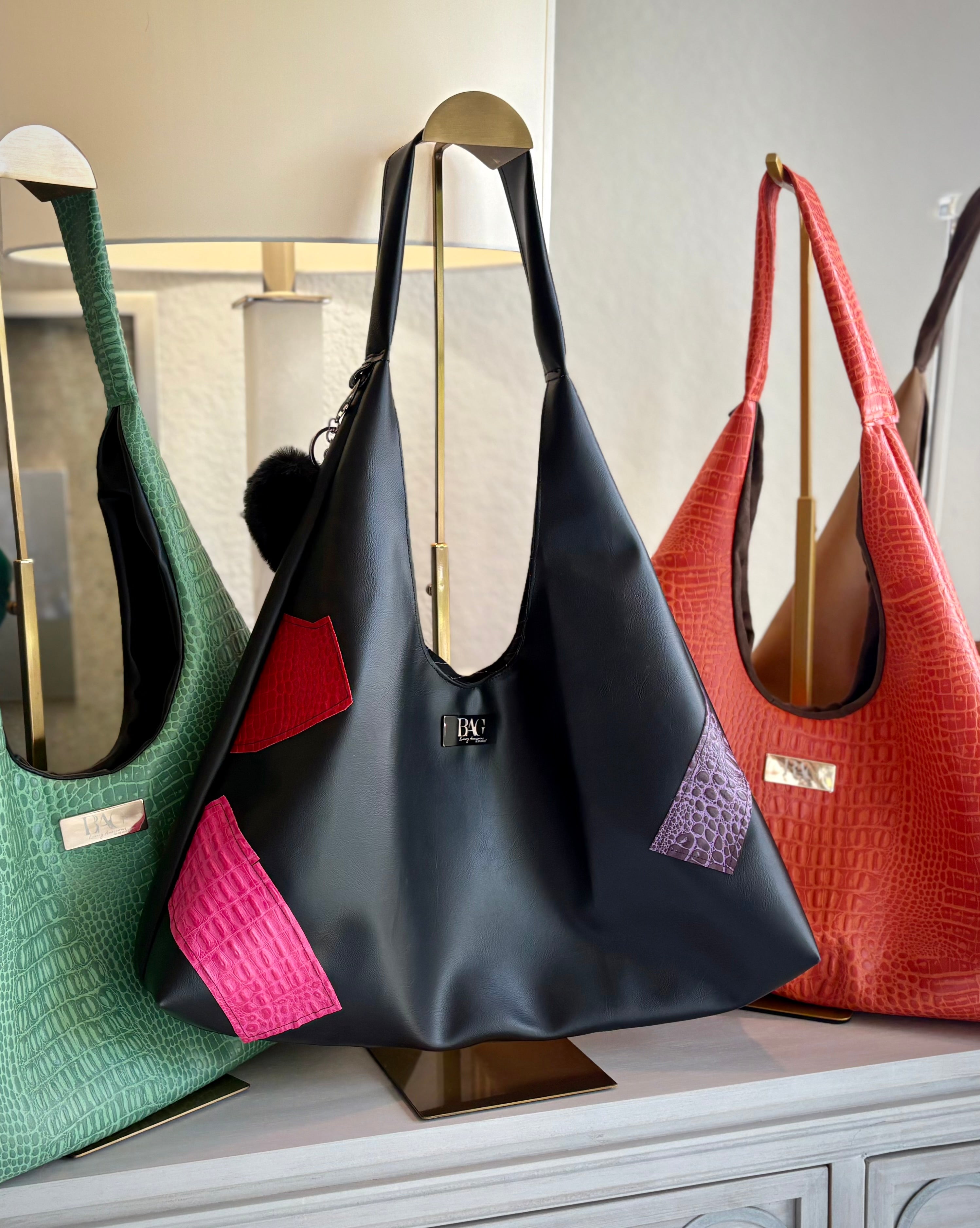 Mia Hobo Bag in Black with Patchwork Design