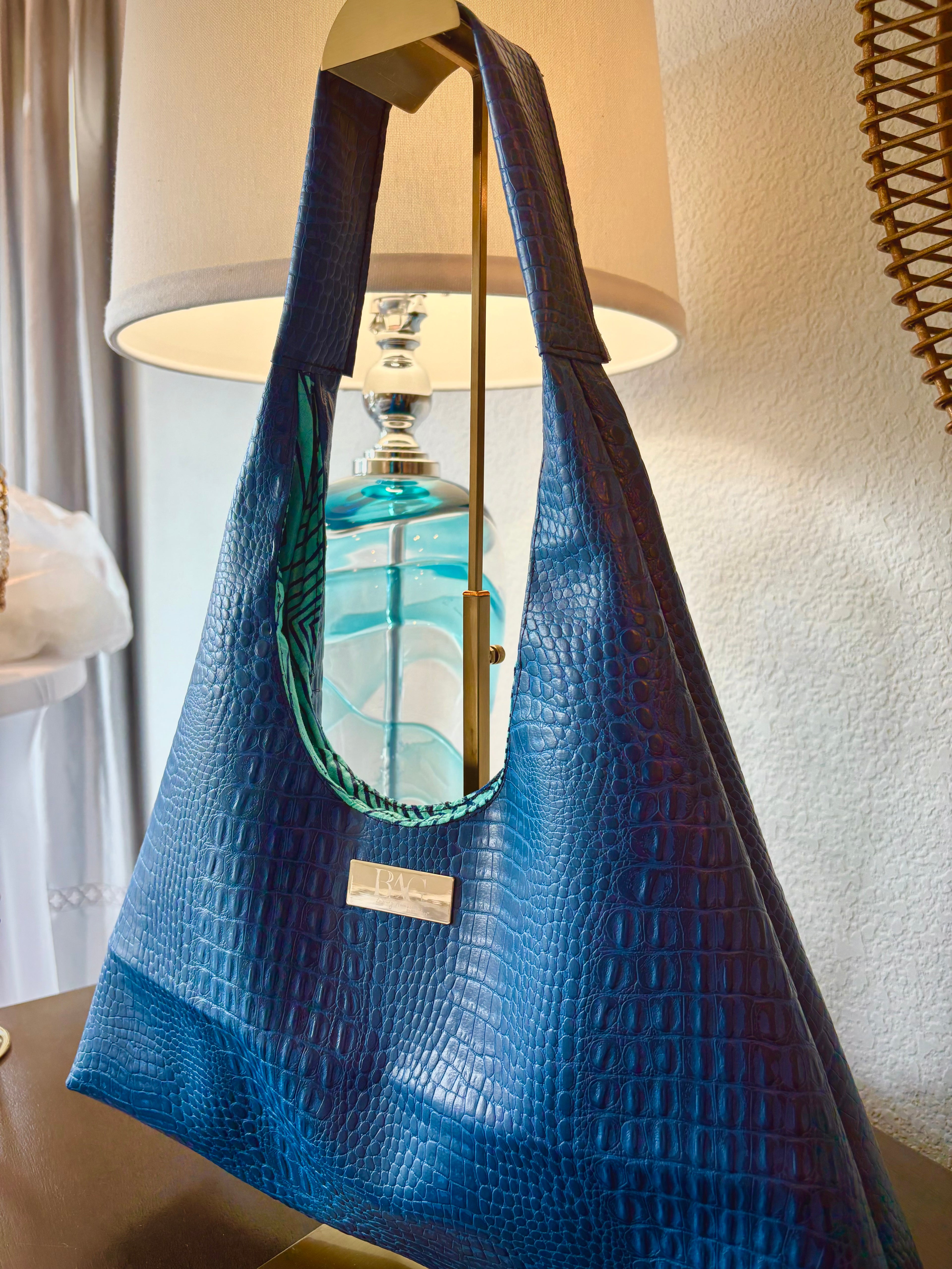 Mia Hobo Bag in Blue Embossed Croc