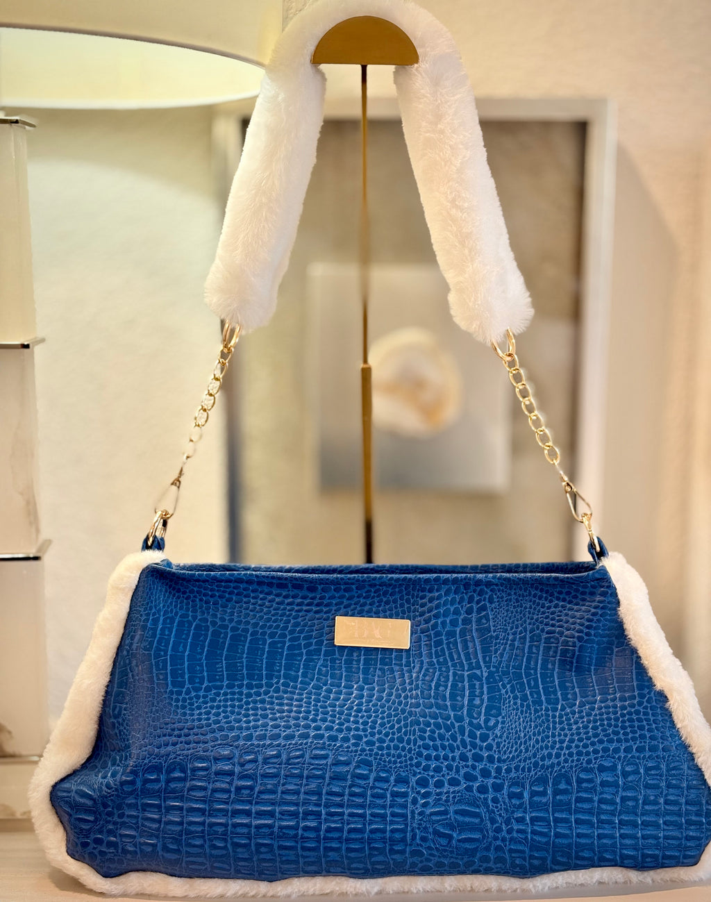 Blue Faux Croc & Faux Fur Trimmed Shoulder Purse