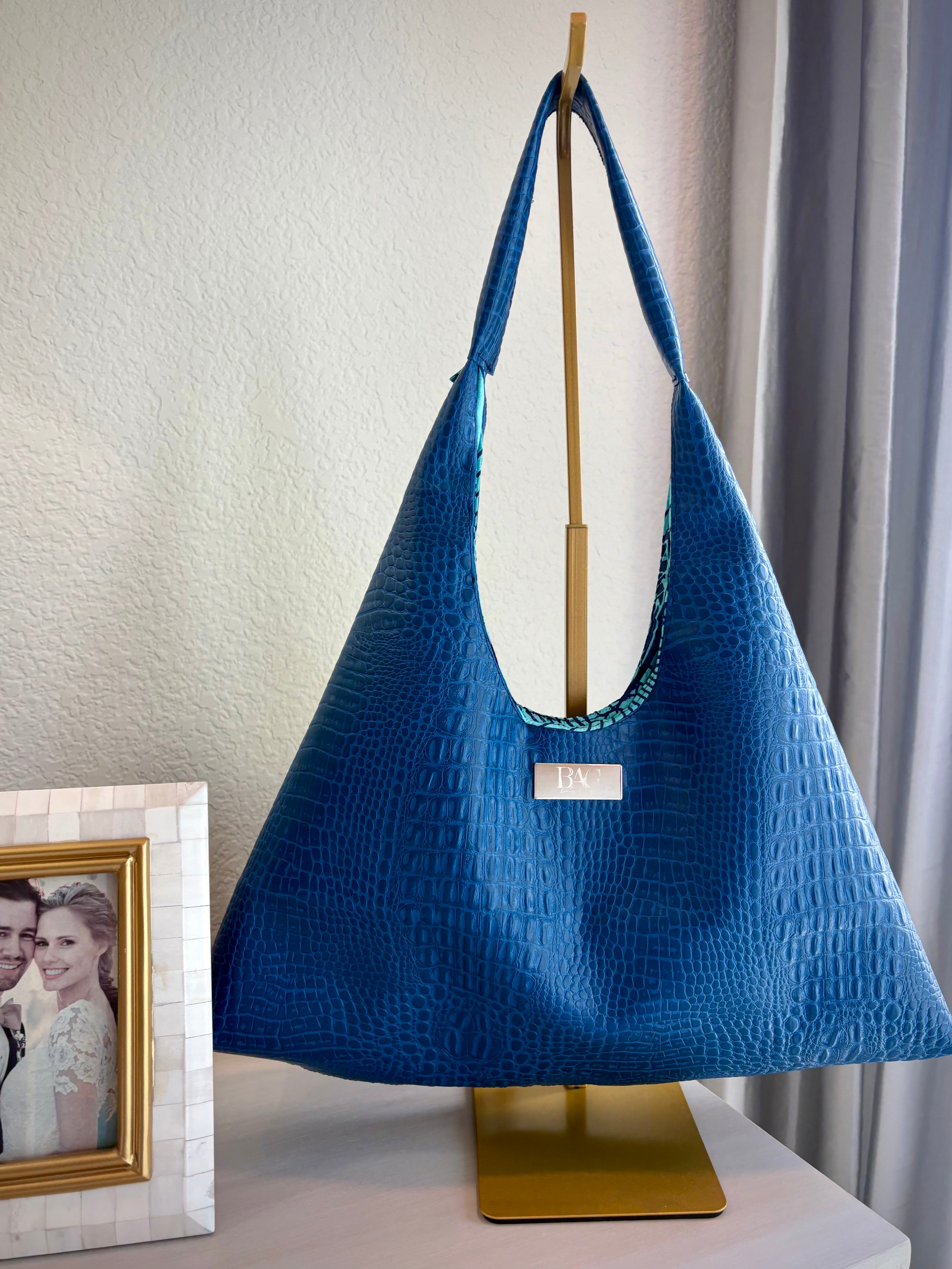 Mia Hobo Bag in Blue Embossed Croc