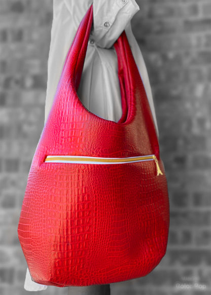 Oversized Red Faux Croc Hobo