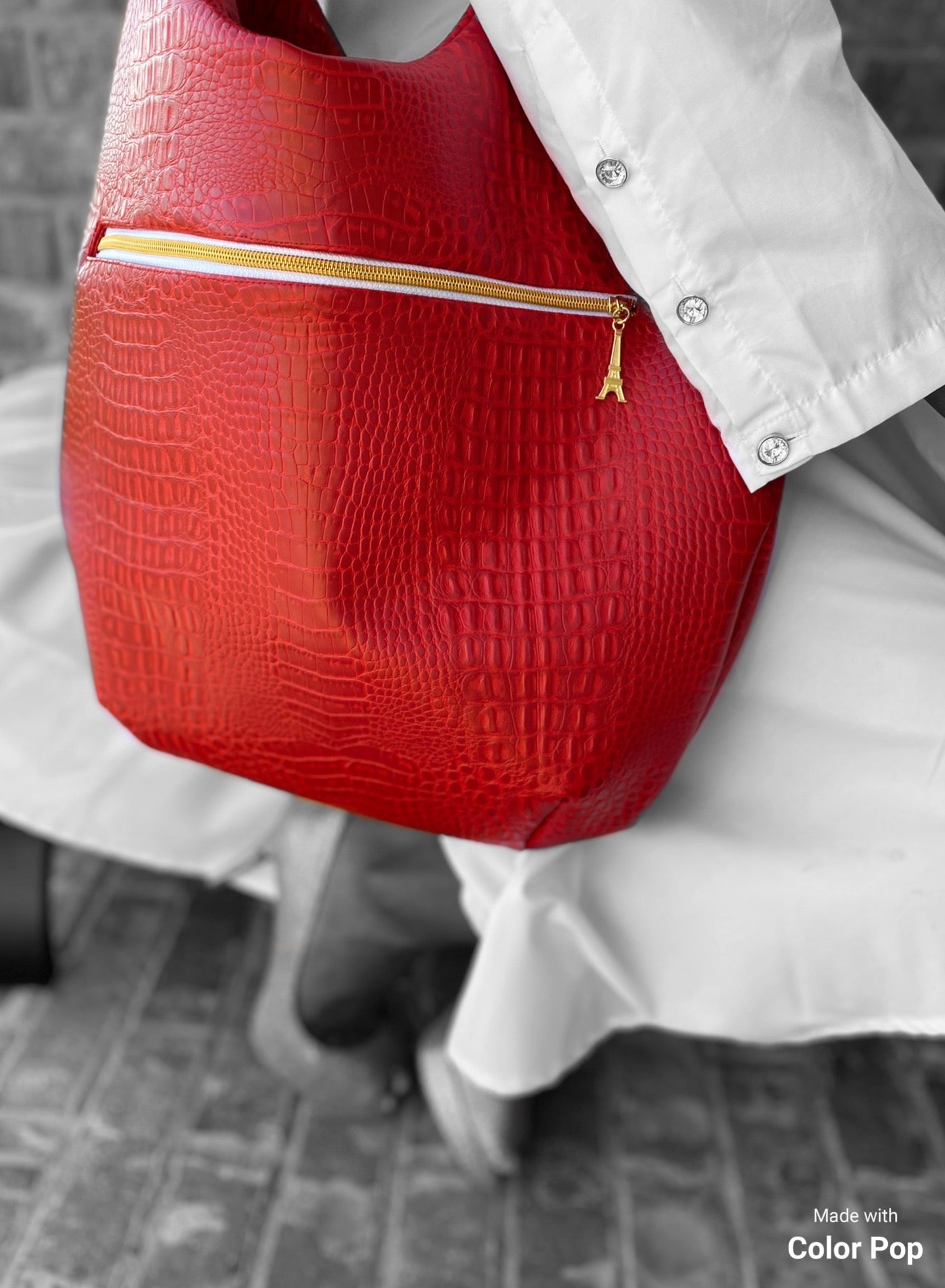 Oversized Red Faux Croc Hobo