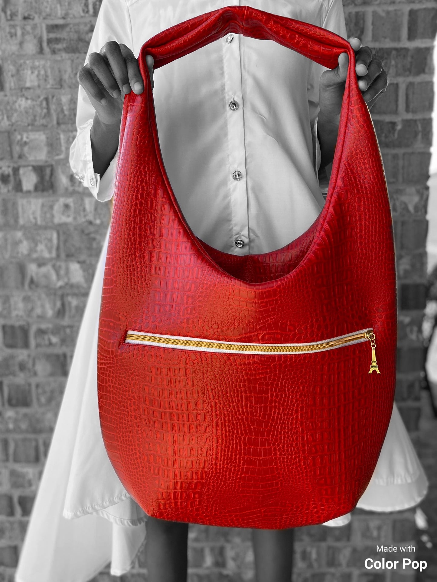 Oversized Red Faux Croc Hobo