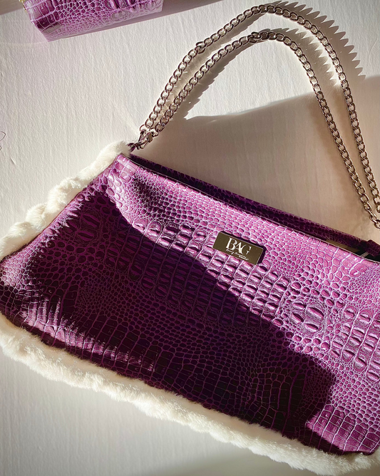 Purple Faux Croc & Faux Fur Trimmed Convertible Purse