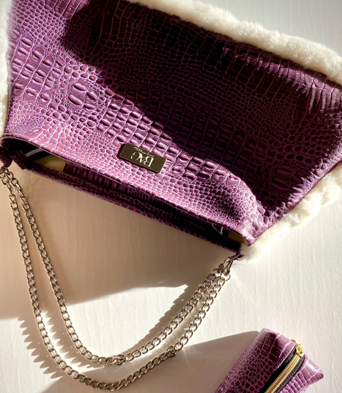 Purple Faux Croc & Faux Fur Trimmed Convertible Purse
