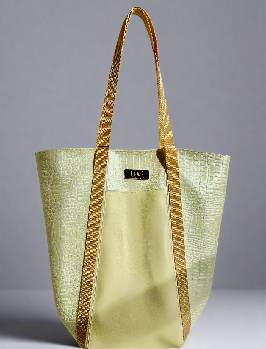 Cream Two Tone Faux Croc Tote Bag