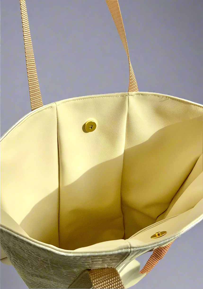 Cream Two Tone Faux Croc Tote Bag