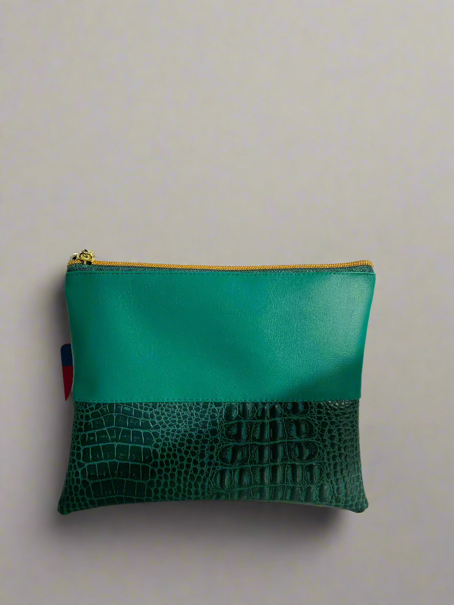 Dark Green Large Faux Croc Makeup Pouch