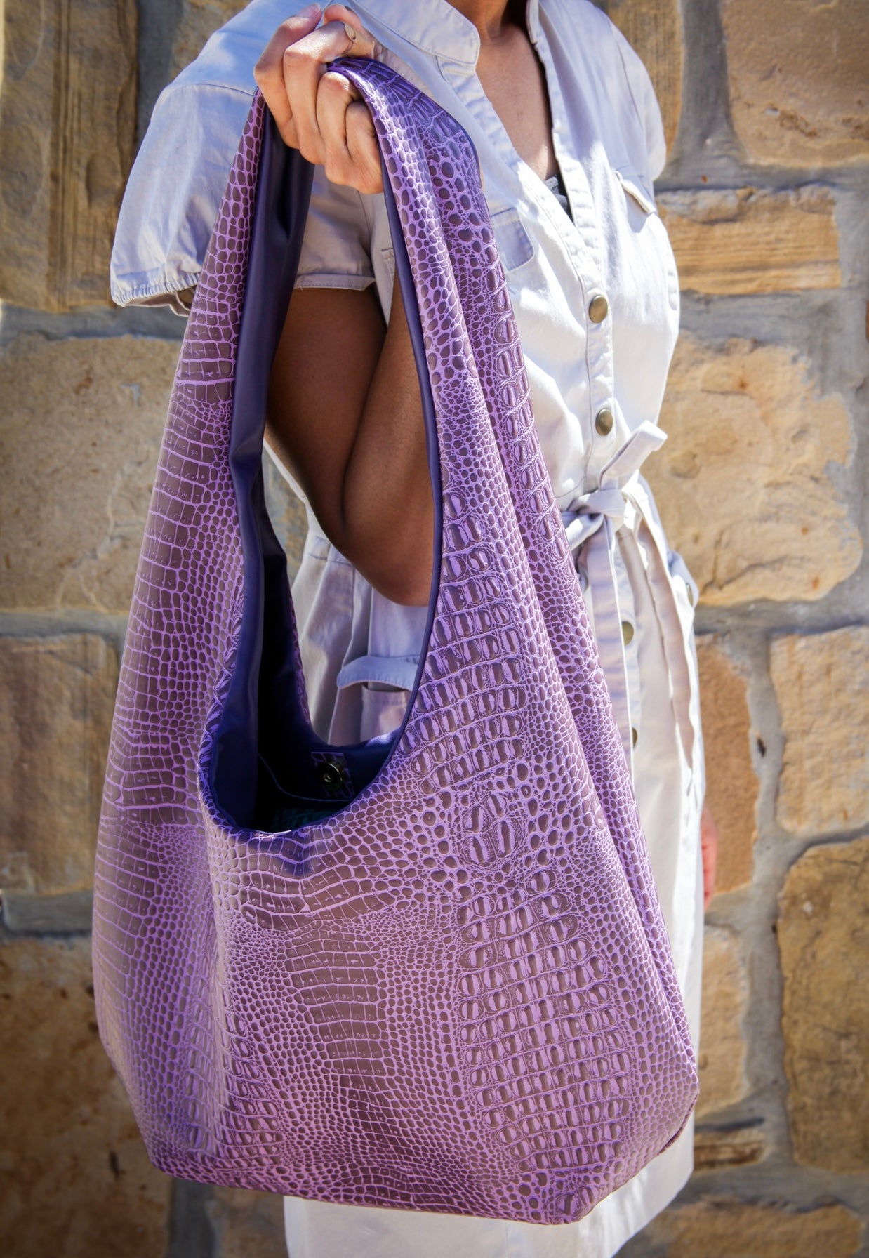 Purple Embossed Croc Hobo
