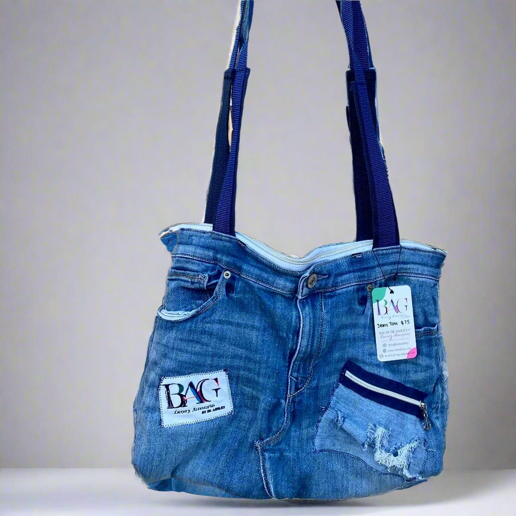 Distressed Zipper Pocket Denim Tote Bag