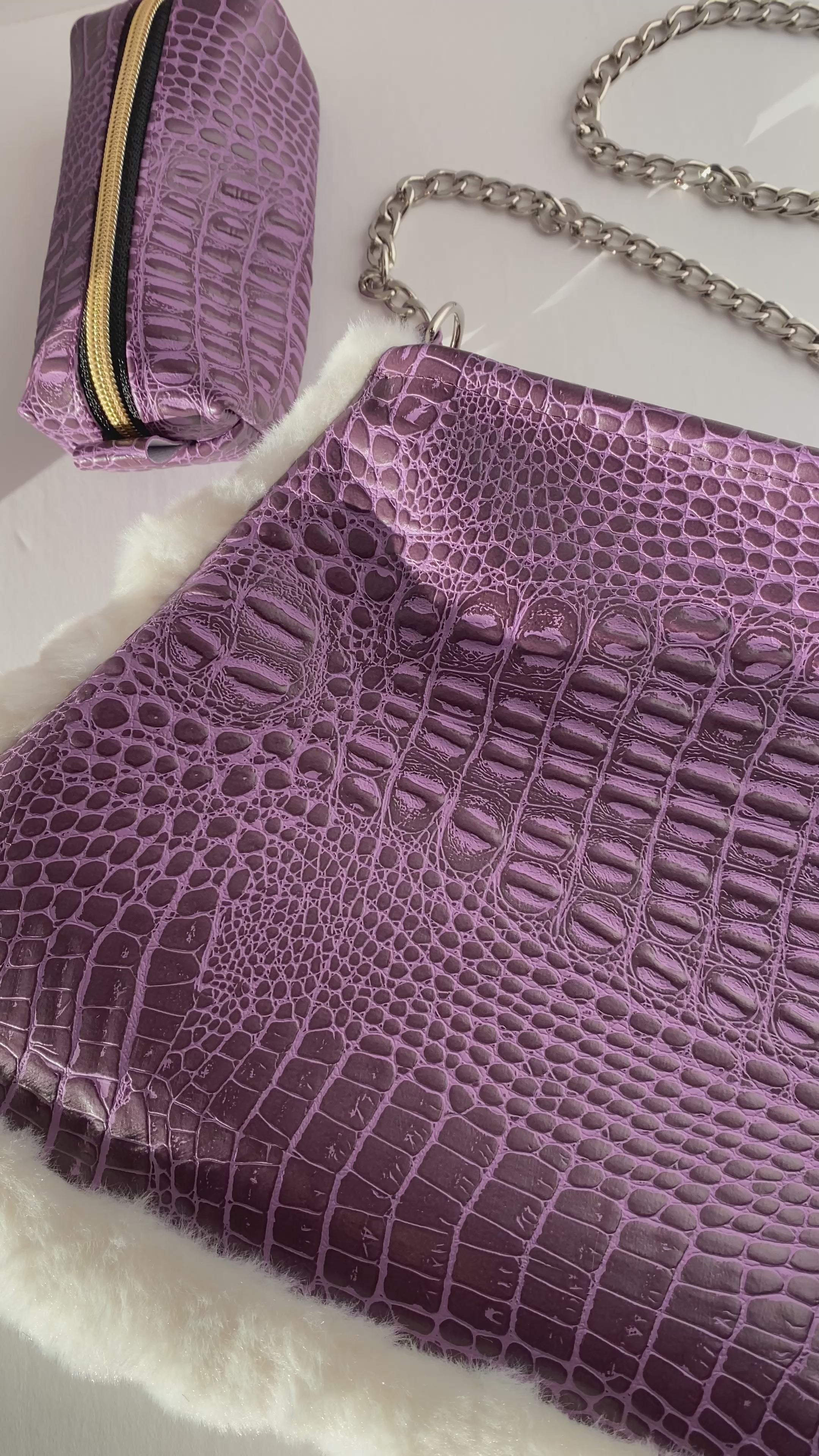 Purple Croc Embossed Convertible Purse w/ Faux Fur